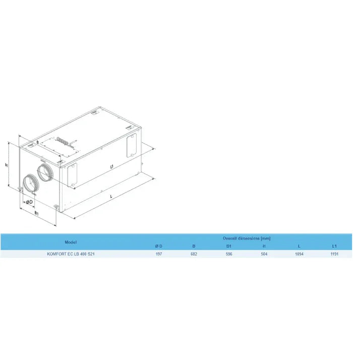 Blauberg Komfort EC-LB-400-S25 Horizontally Mounted MVHR