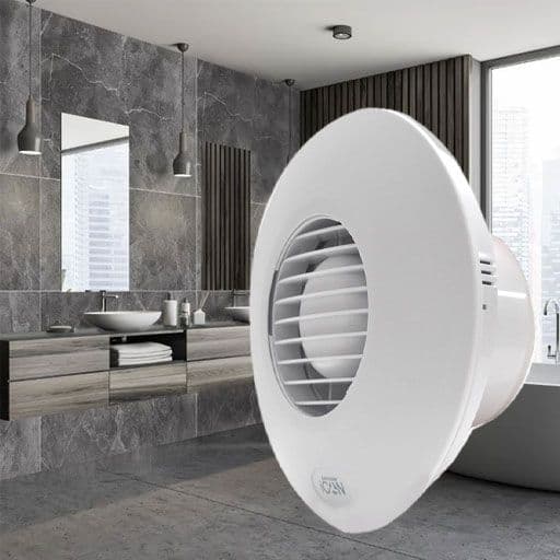 modern luxury bathroom with overlay image of extractor fan