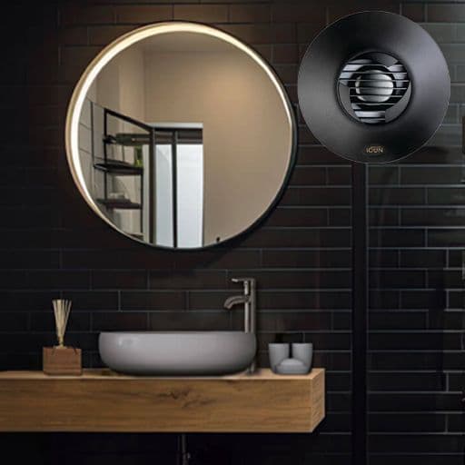 luxury dark bathroom with overlay image of black extractor fan