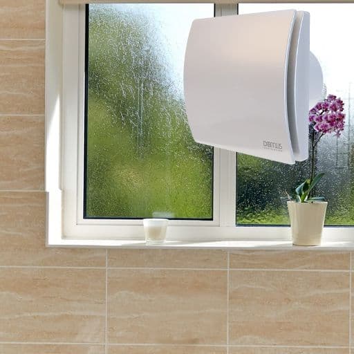 bathroom window with an overlay image of the Domus extractor fan