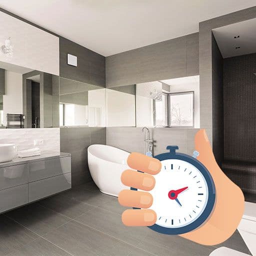 Modern family bathroom with graphic of hand with a stopwatch