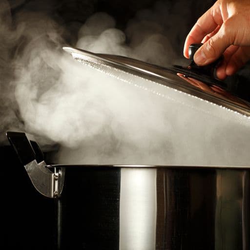 lid being removed from a saucepan with steam coming from it