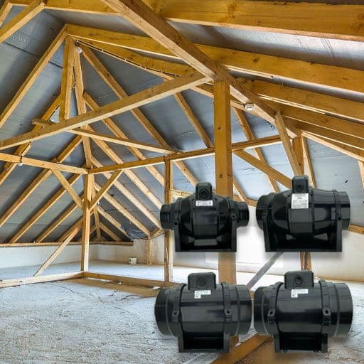 residential loft space with overlay image of 4 extractor fans