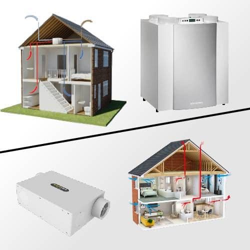graphics of a house cut in two, with MVHR units