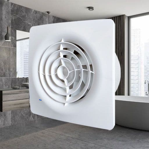 modern bathroom, with overlay image of extractor fan