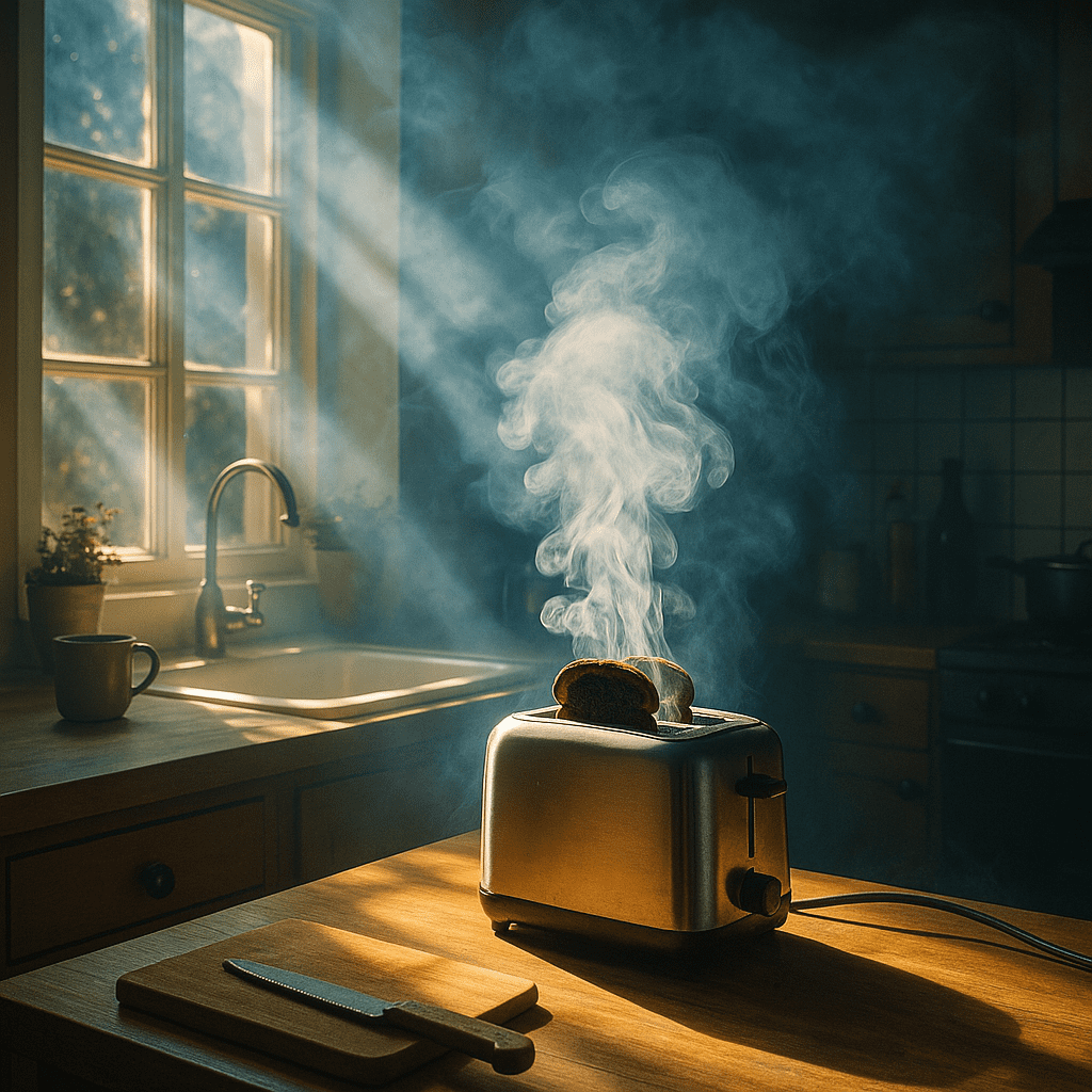 Smoking toaster in a dark kitchen