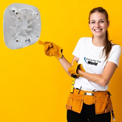 woman wearing a utility belt pointing to an extractor fan