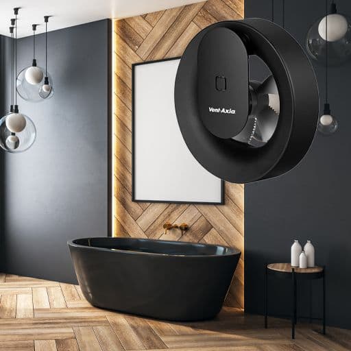 luxury bathroom with overlay image of Vent-axia extractor fan