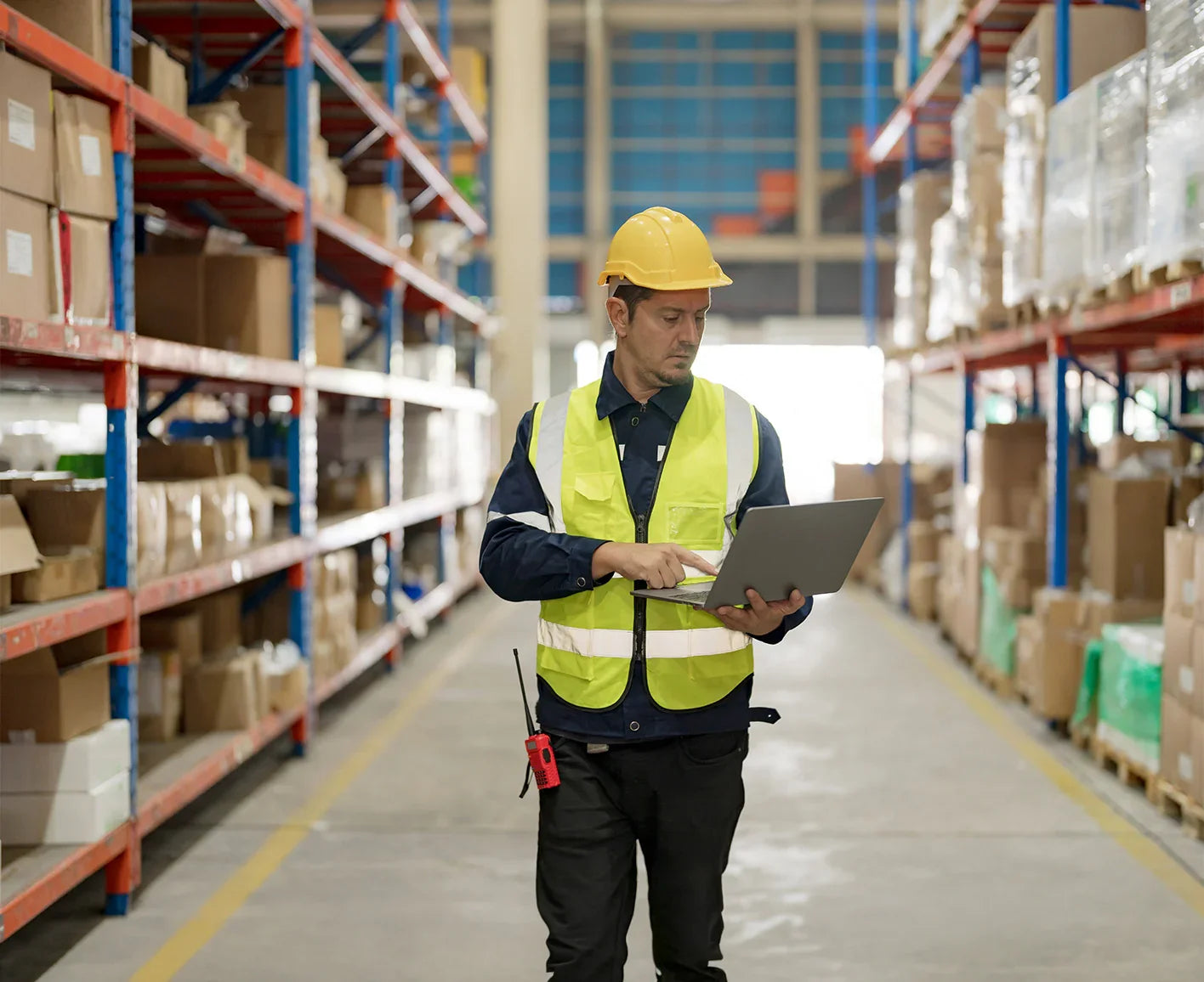 Worker in a warehouse using a laptop, wearing a safety vest and hard hat.