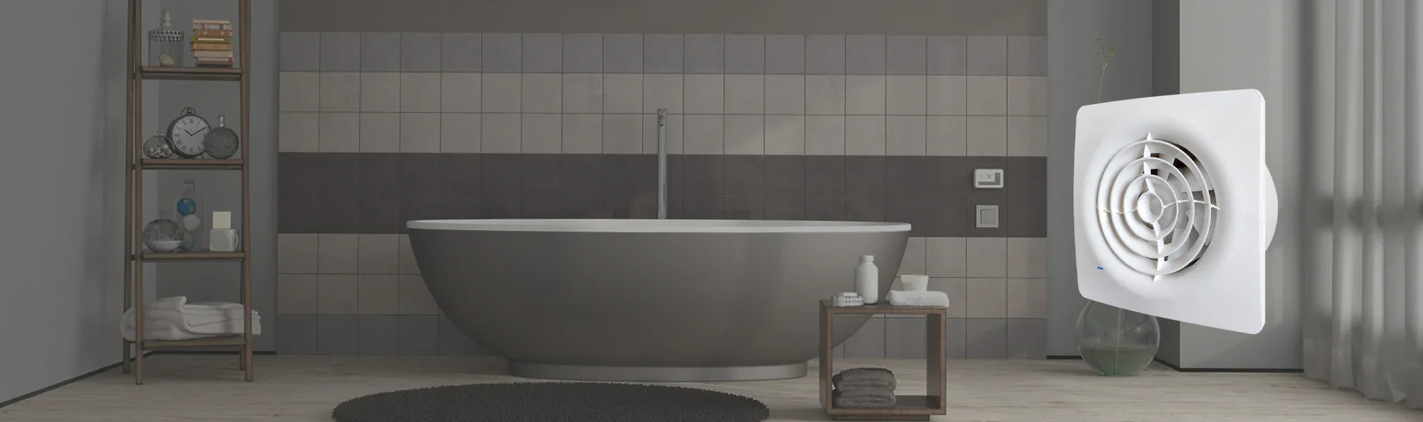 Bathroom interior with a freestanding bathtub, shelves, and a wall-mounted fan.