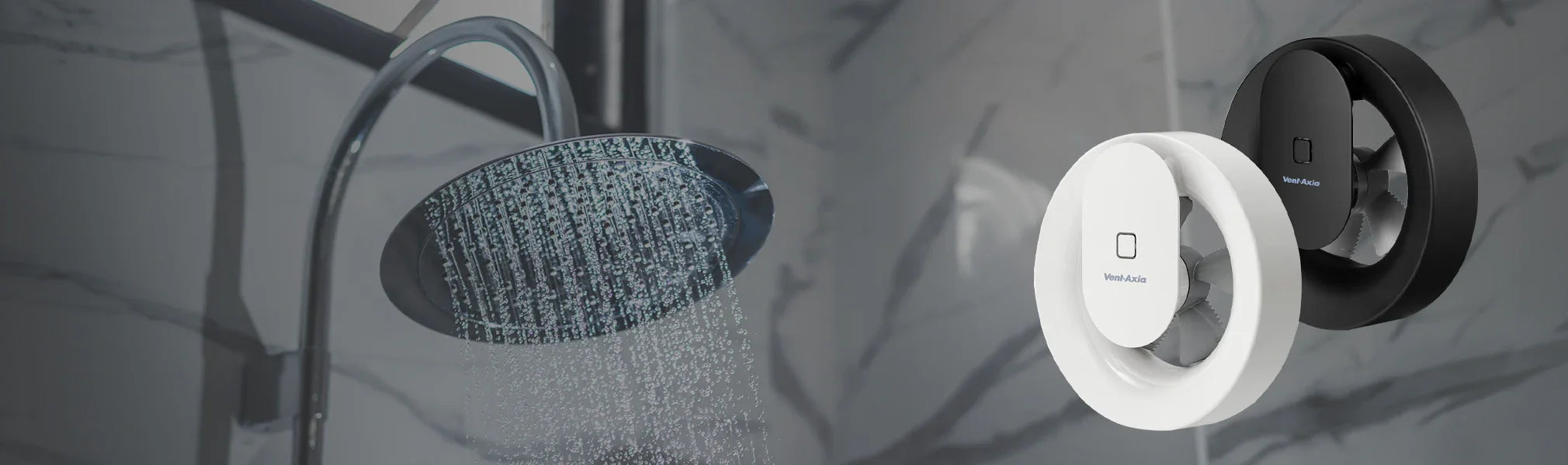 Close-up of a shower head and control panel with water droplets on a marble background