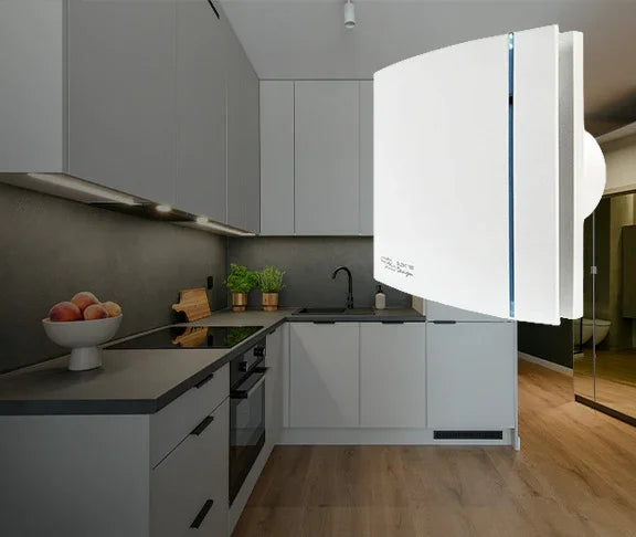 Modern kitchen with a refrigerator and fruit bowl on the counter