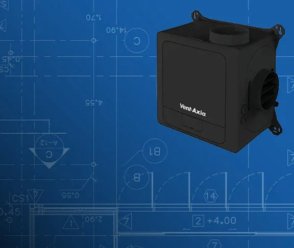 Black Vent Axia exhaust on a blue technical drawing background