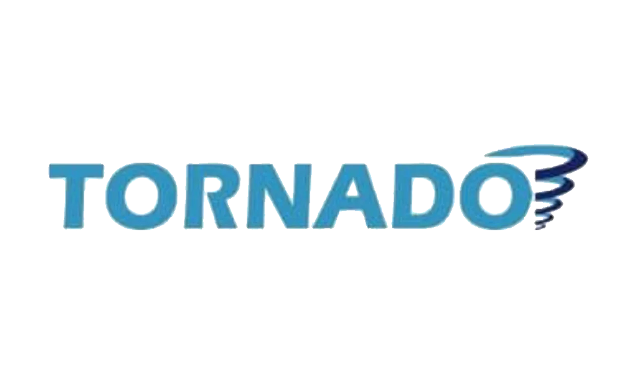 Tornado logo with blue text and a stylized tornado symbol on a white background