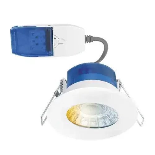 LED downlight with blue and white design on a white background