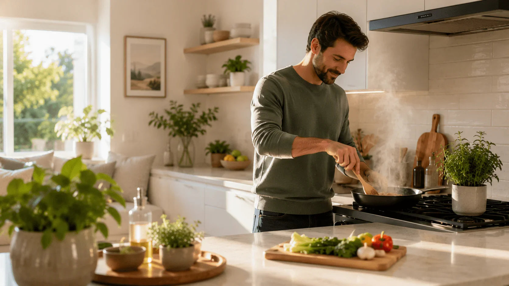 Man cooking in a modern kitchen with plants and natural light