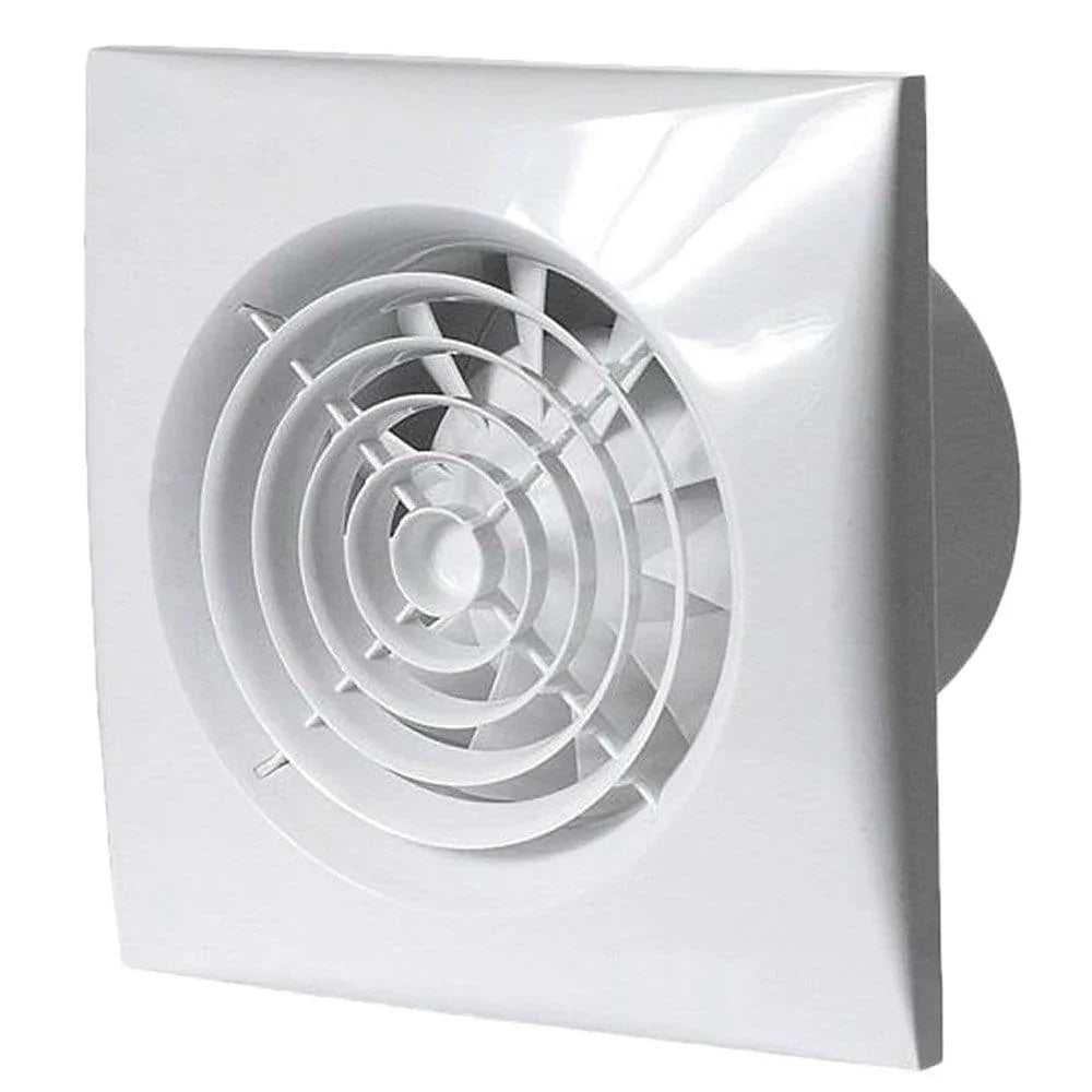 White EnviroVent SIL150S silent 6-inch kitchen extractor fan with a square grille designed for quiet, efficient kitchen ventilation.